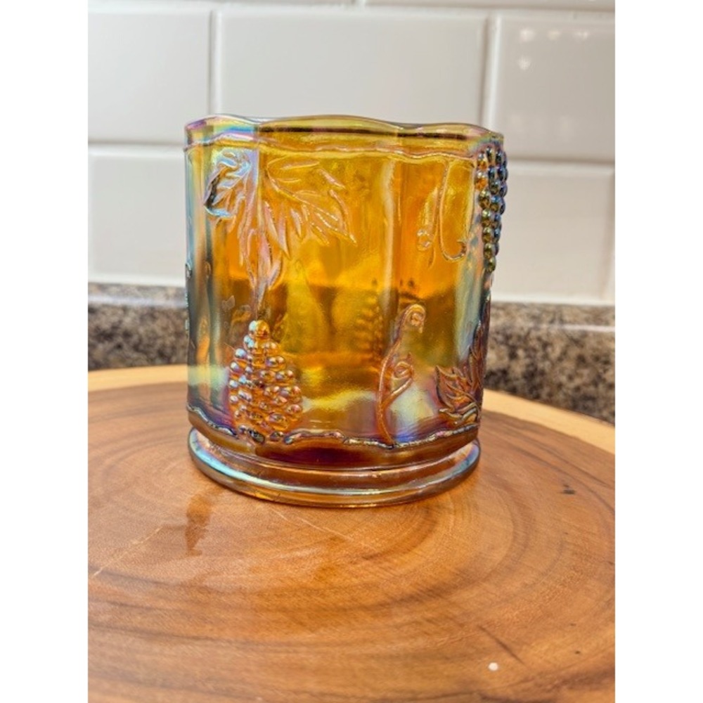 Vintage Marigold Carnival Glass Grape and Leaf Tumbler Iridescent Amber 5in